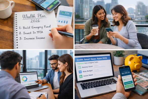 Young professionals in Vancouver planning finances using budgeting tools, digital banking apps, and investment strategies in 2026.