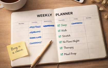 A weekly planner with work tasks crossed out and replaced with recovery habits like sleep, walk, stretch, therapy, and meal prep.