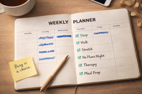 A weekly planner with work tasks crossed out and replaced with recovery habits like sleep, walk, stretch, therapy, and meal prep.
